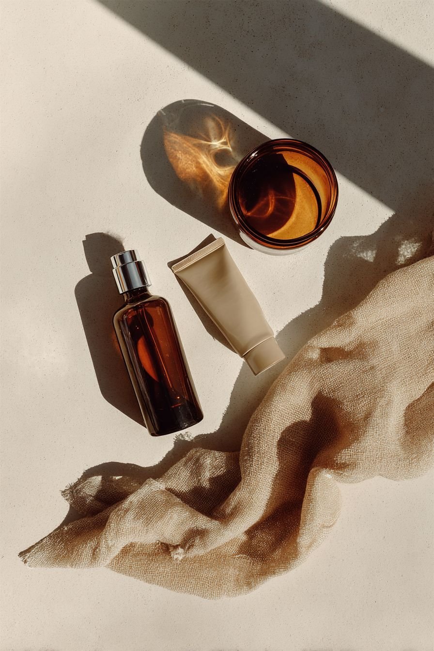 Amber bottles, a glass and linen in soft morning light